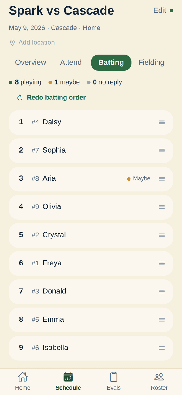 The InfieldHQ batting order screen: nine batters in a numbered list with jersey numbers, drag handles, and an attendance chip on a player marked 'maybe'.