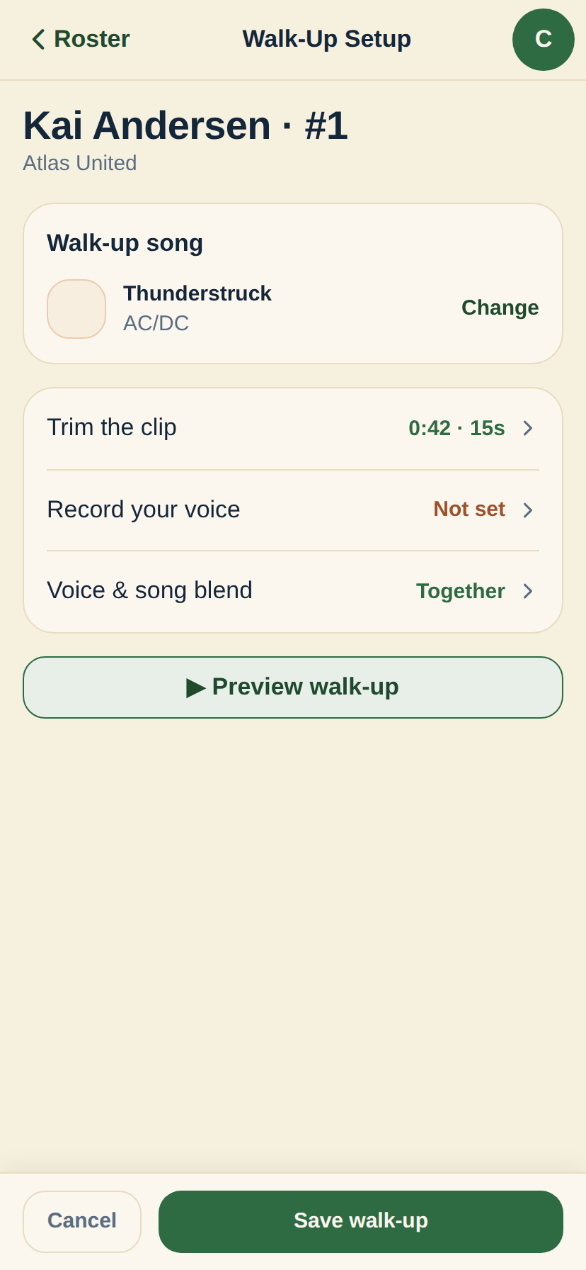 The InfieldHQ walk-up song editor for Kai Andersen, number 1 on Atlas United: Thunderstruck by AC/DC selected as the walk-up song, the clip trimmed to 15 seconds starting at 0:42, a Together voice-and-song blend, and Preview walk-up and Save walk-up buttons.