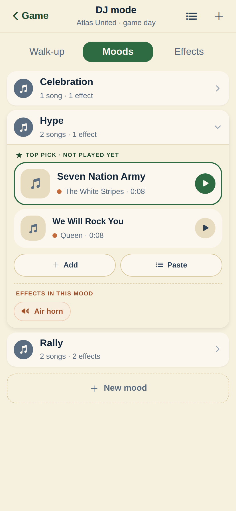 The InfieldHQ DJ mode Moods screen: Hype is open showing a top pick of Seven Nation Army by The White Stripes and an alternate, We Will Rock You by Queen, plus an Air horn sound effect, with Celebration and Rally moods listed below.