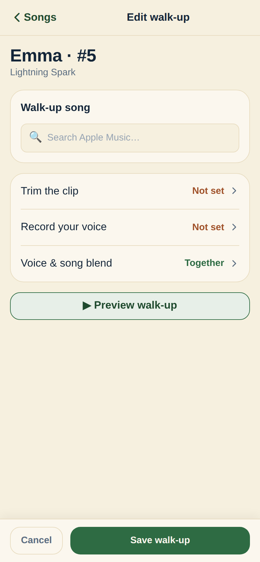 A parent's Edit walk-up screen for their daughter Emma, number 5 on Lightning Spark: an empty Search Apple Music field ready for a song, with the same trim, voice recording, and blend options a coach uses.