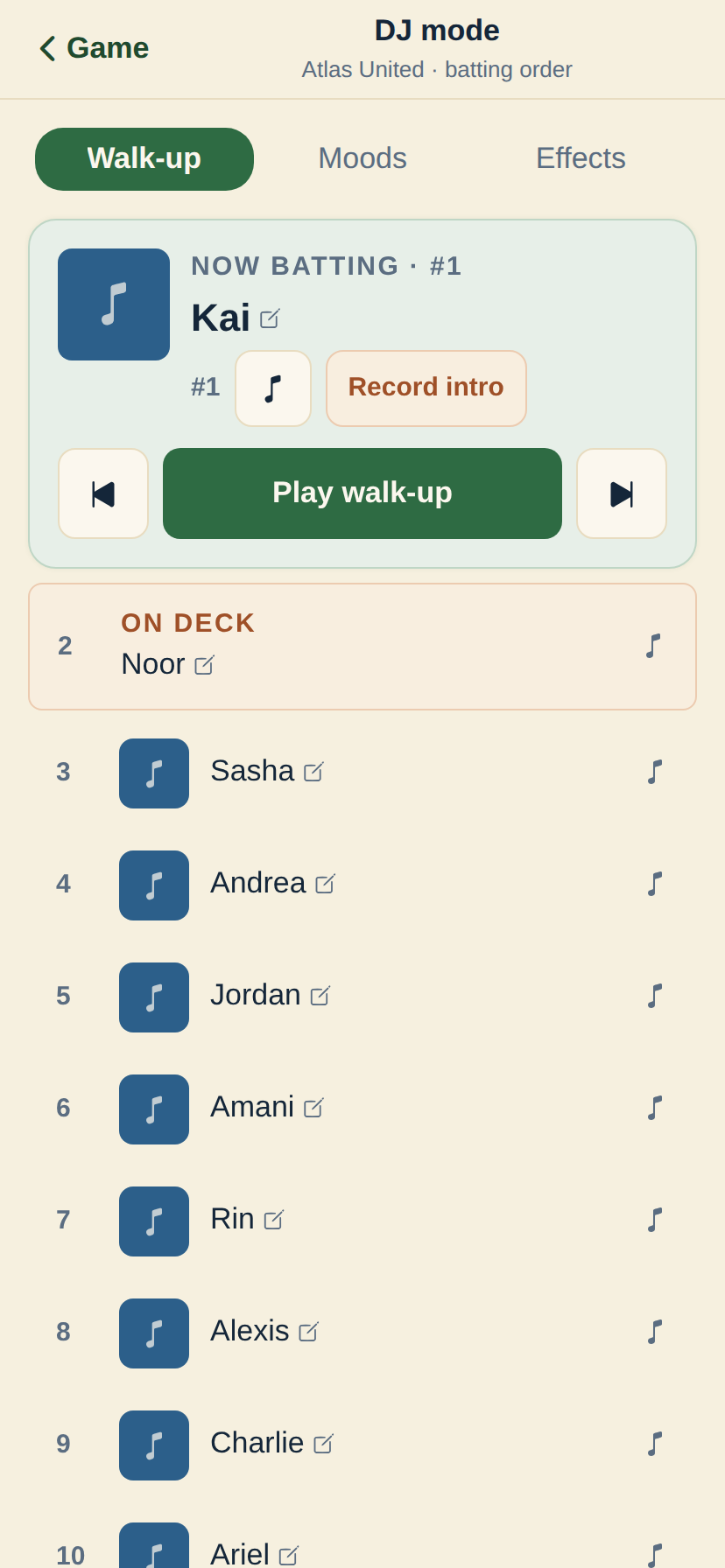 The InfieldHQ DJ mode Walk-up screen: Kai is now batting number 1 with Play walk-up, Back, and Skip controls, Noor is on deck, and the rest of Atlas United's batting order queues below with a walk-up song icon next to each name.