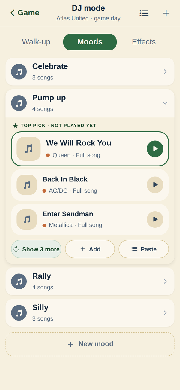 DJ mode on a phone, showing the Moods view: rows for Celebrate, Pump up, Rally, and Silly with a song count each. Pump up is open, listing We Will Rock You, Back In Black, and Enter Sandman, every one marked Full song, with a play button beside it.