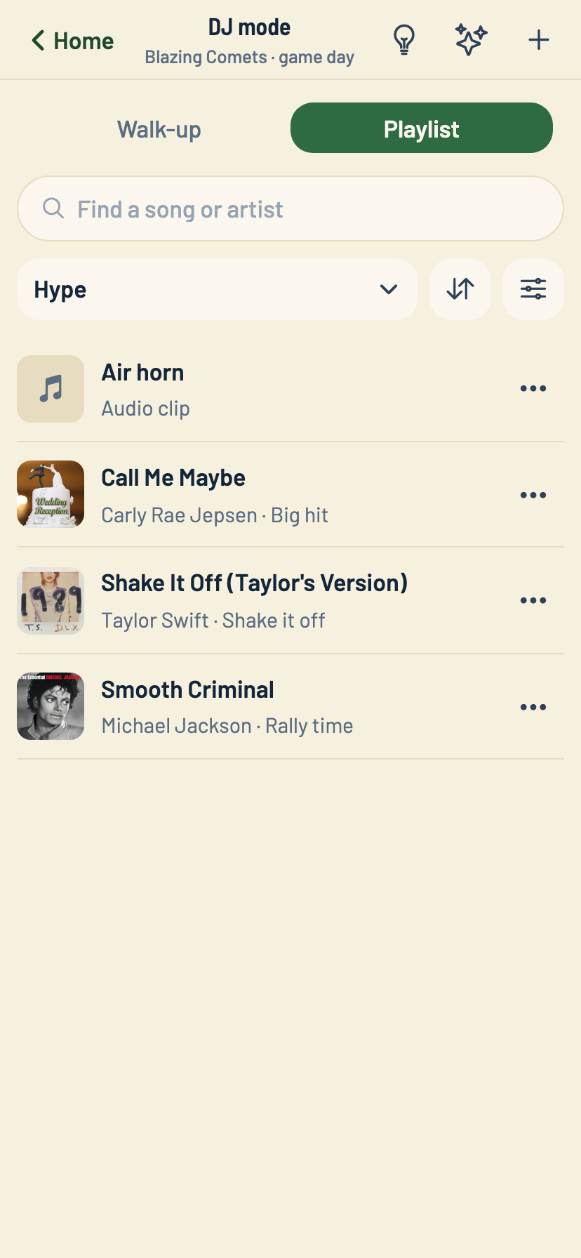 The InfieldHQ Playlist screen filtered to Hype, showing an air horn cue and three songs with album art.