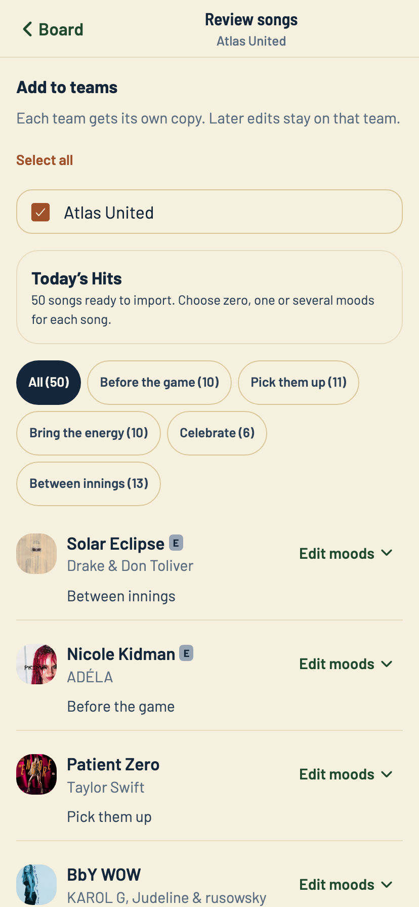 The Apple Music playlist review for Atlas United, showing Today’s Hits, mood filters, song titles, artists, and album art.