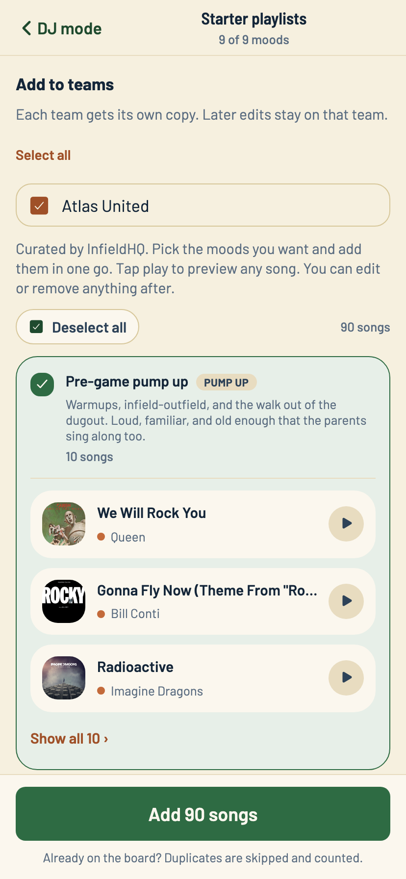 The Starter playlists screen for Atlas United, with curated moods selected, song previews with album art, and an Add 90 songs button.