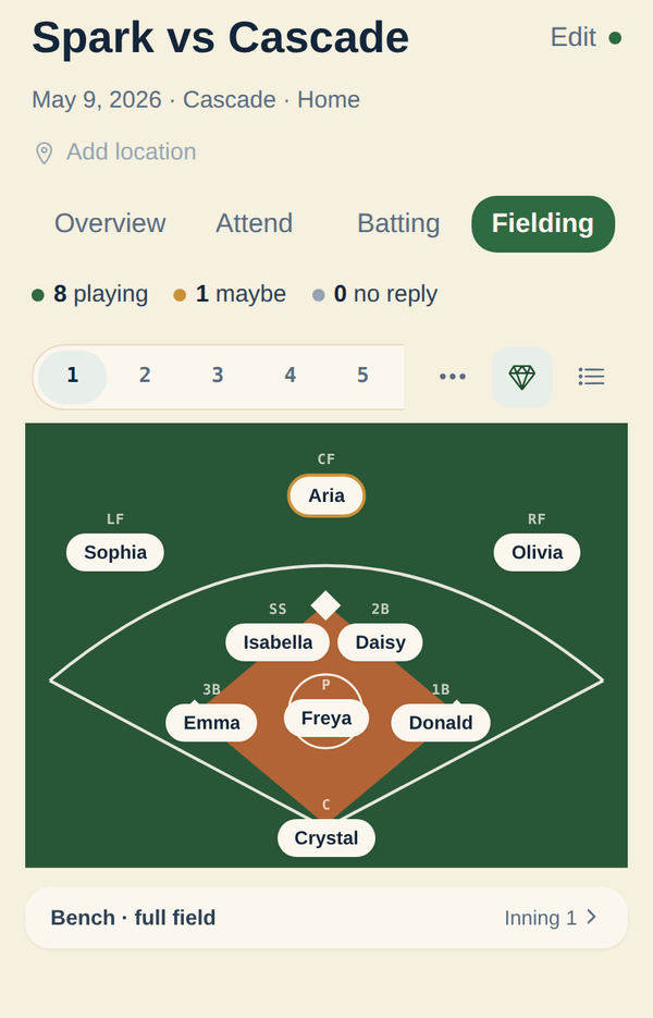 The InfieldHQ fielding view: a softball diamond with all nine positions filled by players, and an attendance count showing who's here.