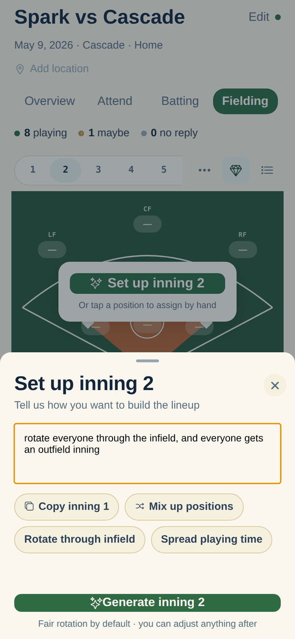 The InfieldHQ fielding setup sheet: a plain-English text box for describing the lineup, quick suggestion chips, and a green Generate inning button.
