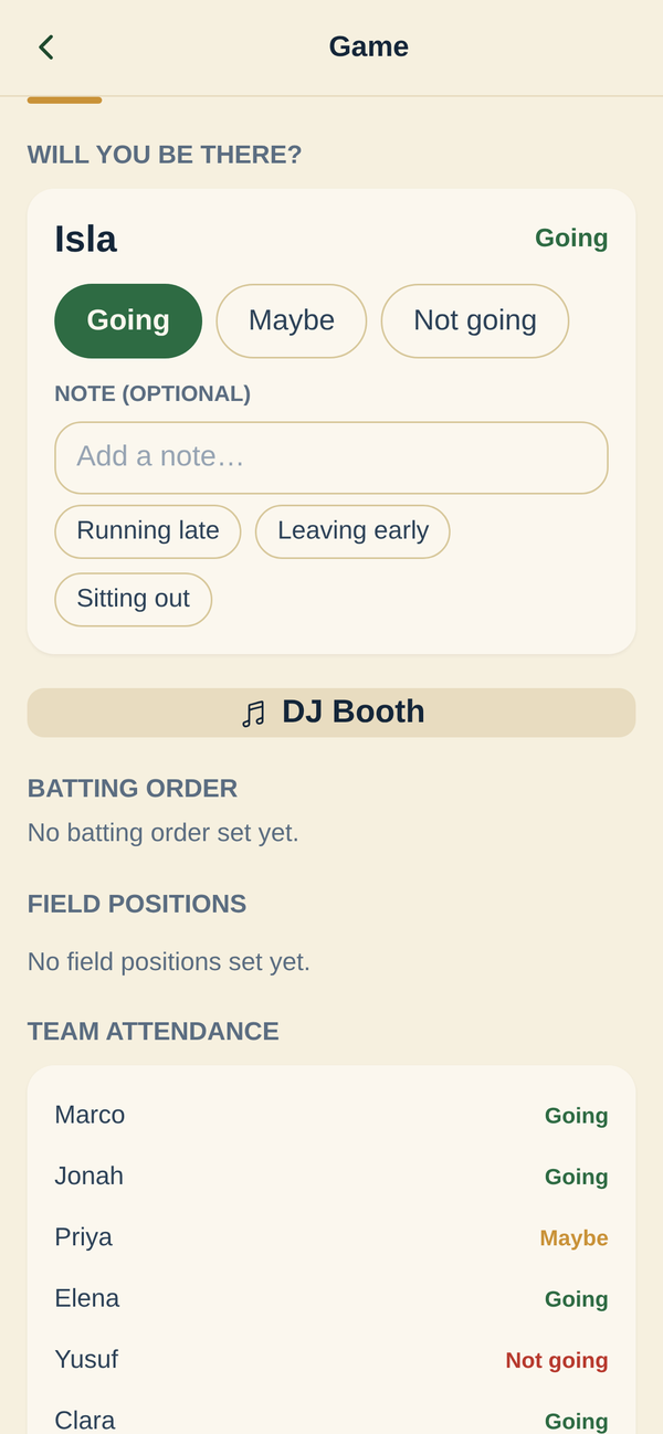The InfieldHQ game screen on a phone: a 'will you be there?' card with going, maybe, and not going buttons (going selected), an optional note field, and a team attendance list showing who has replied.