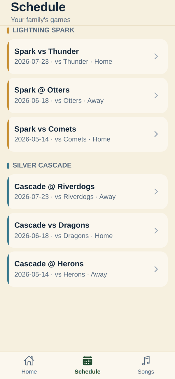 The InfieldHQ parent schedule on a phone: two team sections, Lightning Spark and Silver Cascade, each with a colored stripe and a list of games showing the date and home or away.