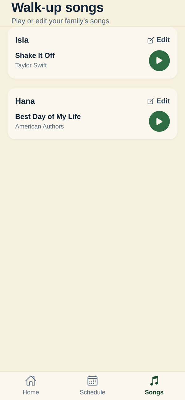 The InfieldHQ walk-up songs screen on a phone: a card for each child showing their song title and artist with a green play button and an edit link.