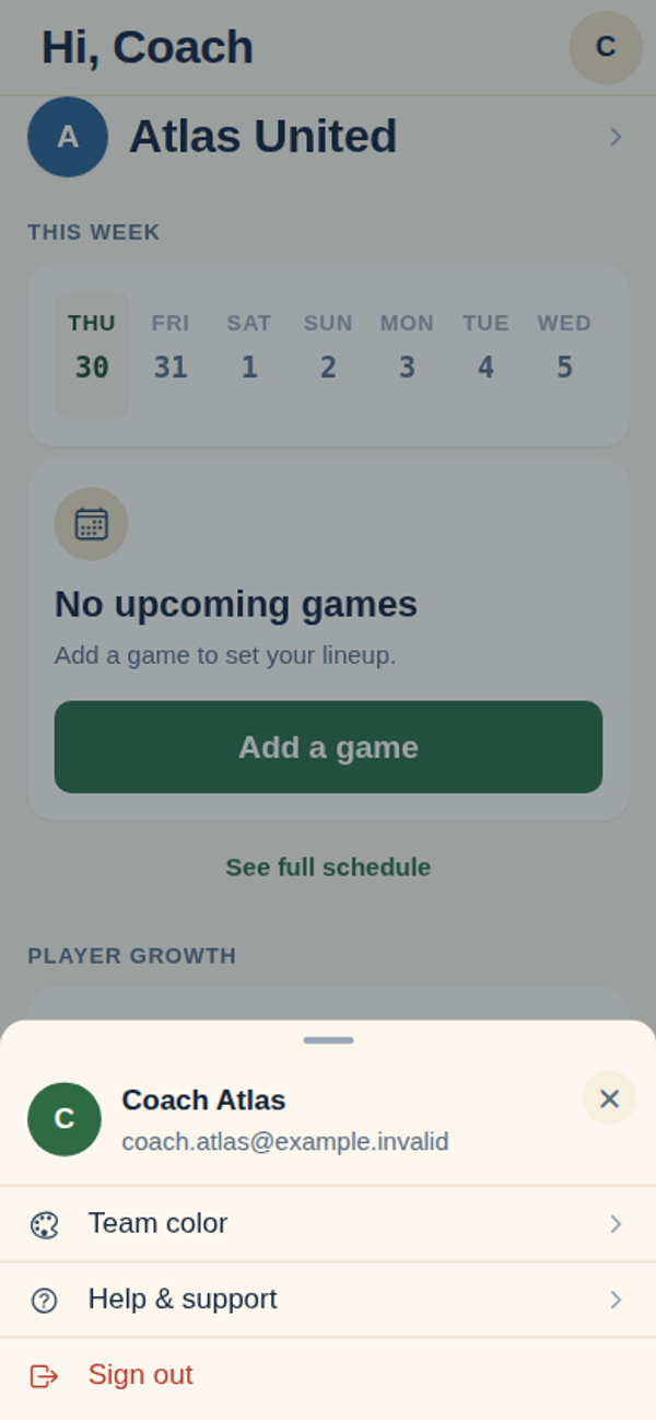 The InfieldHQ account menu open on a phone, with Team color, Help & support, and Sign out rows.