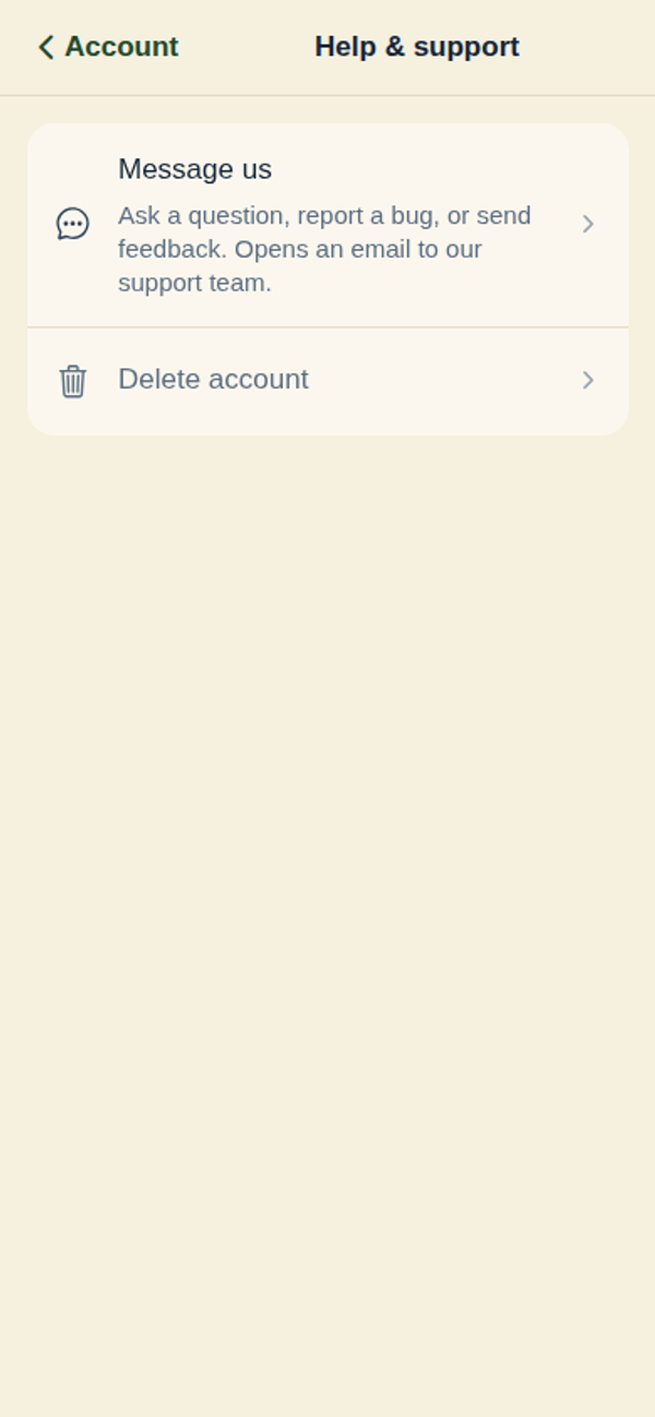 The InfieldHQ Help & support screen on a phone, with a Message us row and a Delete account row.