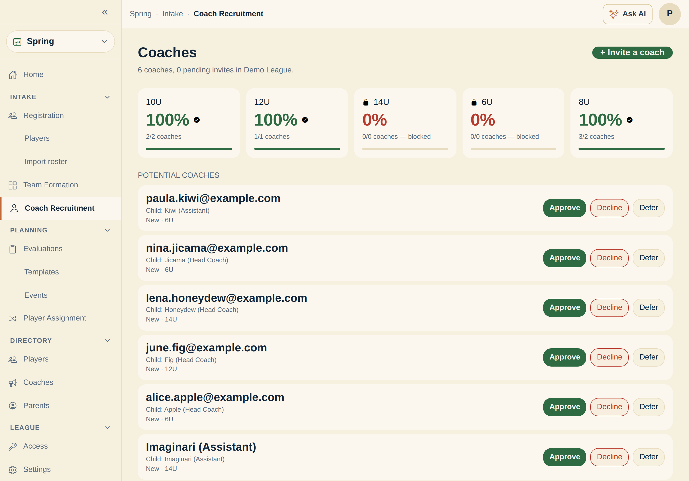 The InfieldHQ coach recruitment screen on a computer: a list of potential coaches pulled from the latest import, each showing the volunteering parent's email, their child, the division, and approve, decline, and defer buttons.