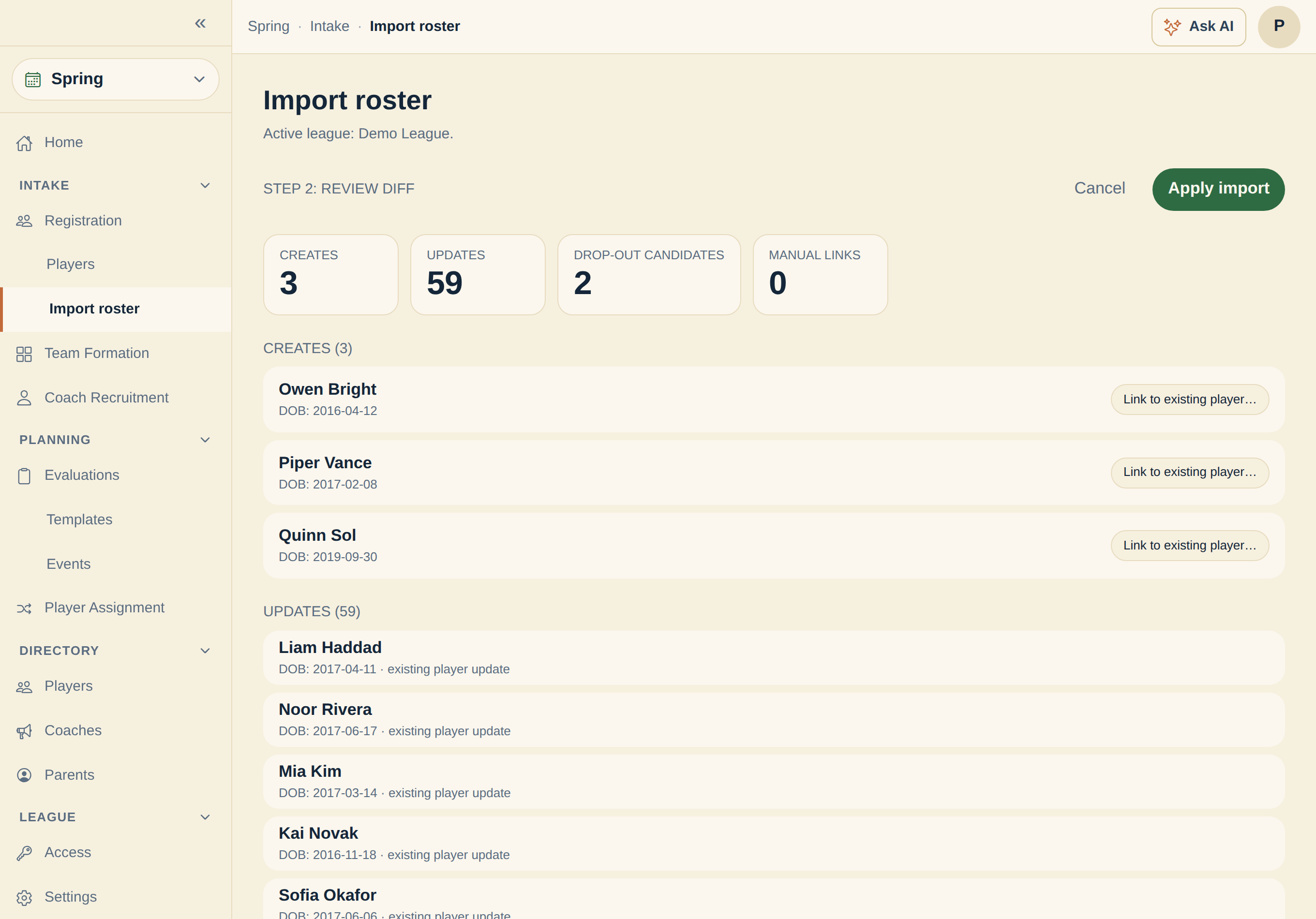 The InfieldHQ roster import review on a computer: summary cards reading 3 creates, 59 updates, and 2 drop-out candidates, above a list of new and returning players, each with a 'link to existing player' option.
