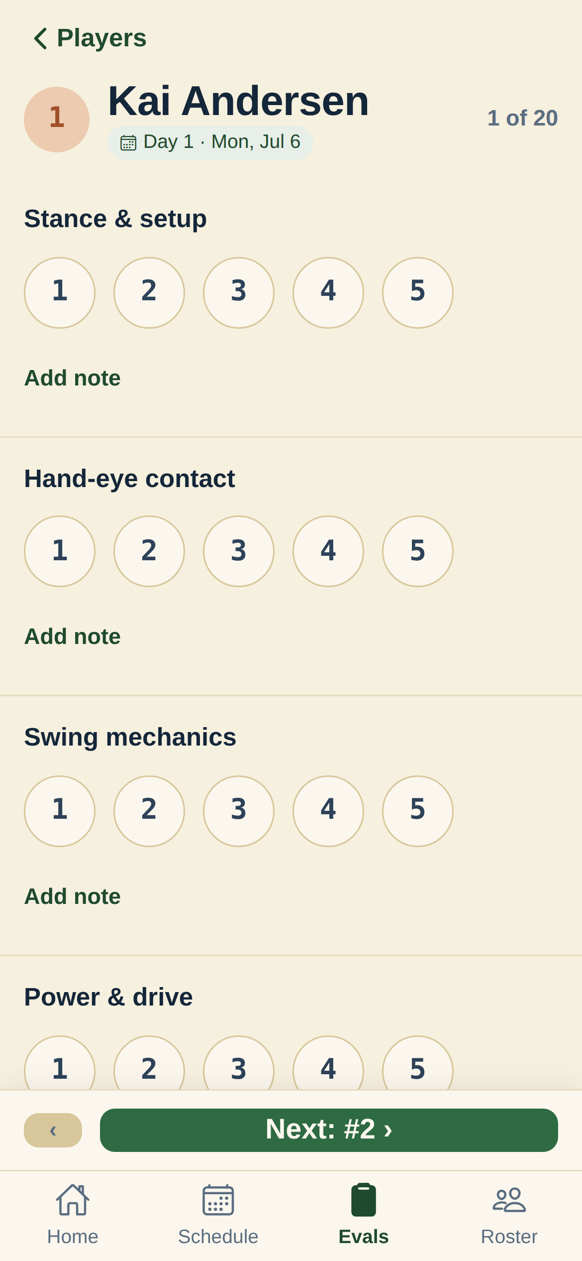 The InfieldHQ scoring screen on a phone: a player's hitting station with 1 to 5 rating scales for stance and setup, hand-eye contact, swing mechanics and more, each with a place to add a note.